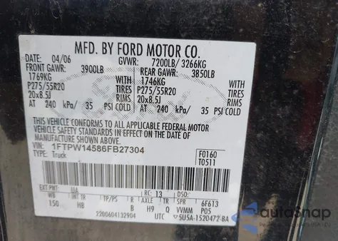 2006 Ford F-150 Fx4/Lariat/Xlt z USA, uszkodzony, nr VIN 1FTPW14586FB27304